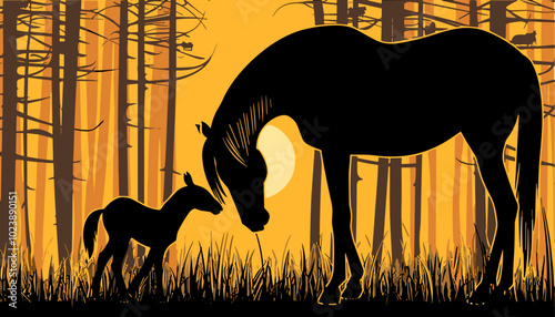 Silhouette of a mare and a foal in a forest at sunset. Vector artwork with orange and black tones. Design for poster, print, and nature concept