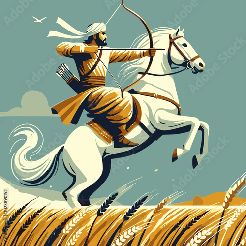 Man riding a white horse and shooting a bow in a field. Retro-style digital illustration with vintage colors. Design for poster, print, and historical concept
