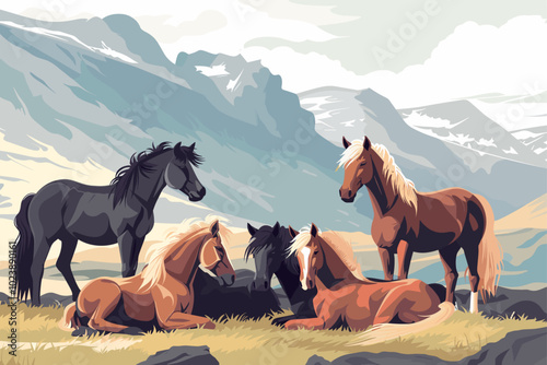 Group of horses resting and standing in a mountain landscape. Digital illustration with detailed background. Design for poster, print, banner, and wallpaper