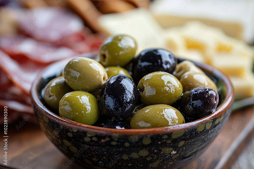 close up bowl with olives on table with blurred background close up bowl with olives on table with blurred background