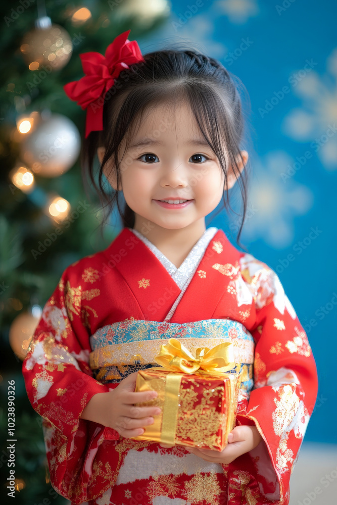 Preschooler Japanese girl in holiday attire, holding a present in front of a Christmas tree, festive cheer, blue background. Preschooler Japanese girl in holiday attire, holding a present in front of a Christmas tree, festive cheer, blue background.