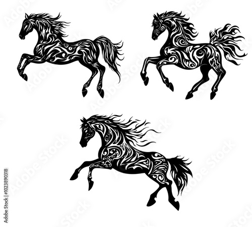 Rearing horses with tribal patterns. Black and white vector illustrations of three rearing horses with tribal-inspired patterns, isolated on a white background. Power and strength concept.  photo