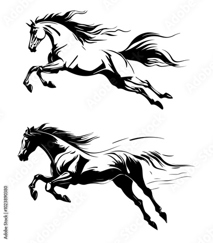 Two black and white stylized horses in galloping poses. Vector silhouette illustration isolated on white background. Design for tattoo, poster, print, and decoration