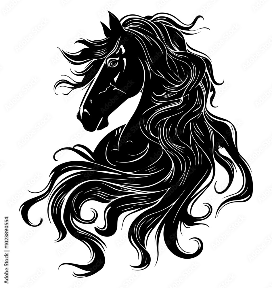Horse head with long flowing mane. Black and white vector illustration of a horse’s head with a wavy mane, isolated on a white background. Grace and elegance concept. Design for tattoos, logos, Horse head with long flowing mane. Black and white vector illustration of a horse’s head with a wavy mane, isolated on a white background. Grace and elegance concept. Design for tattoos, logos,
