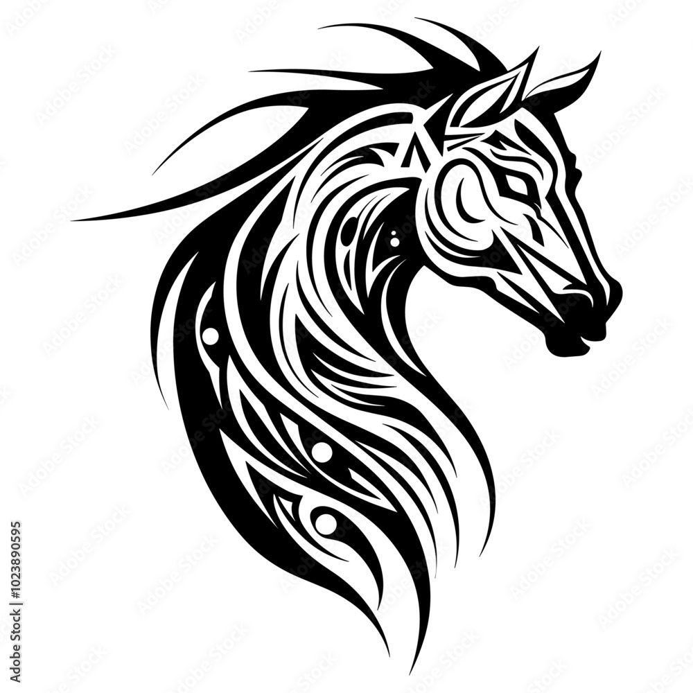 Tribal horse head with decorative patterns. Black and white vector illustration of a horse’s head in tribal style with detailed patterns, isolated on a white background. Art and tattoo concept. Tribal horse head with decorative patterns. Black and white vector illustration of a horse’s head in tribal style with detailed patterns, isolated on a white background. Art and tattoo concept.