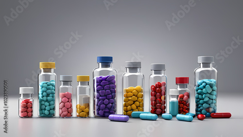 Various colored pills inside a glass bottle on a table photo