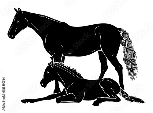 Horse standing with a foal lying down. Black and white vector illustration of a horse standing next to a foal resting on the ground, isolated on a white background. Family and nurturing concept. Desig