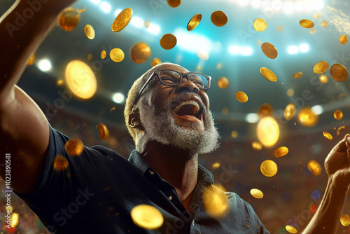 Senior Black man in a football stadium, astonished and happy as gold coins swirl in the air around him, cheering loudly. photo