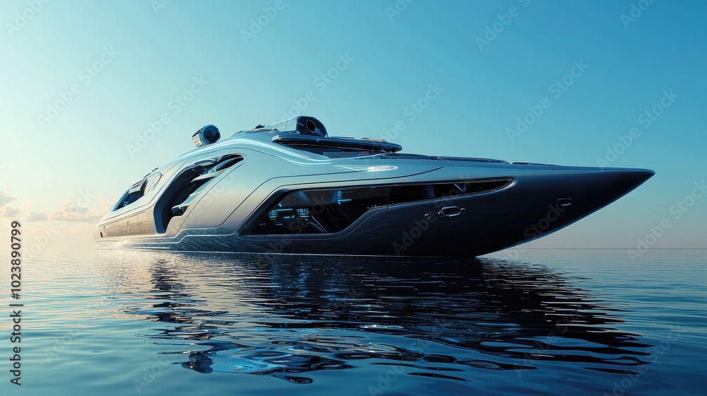 Sleek Futuristic Yacht on Calm Ocean Waters Sleek Futuristic Yacht on Calm Ocean Waters