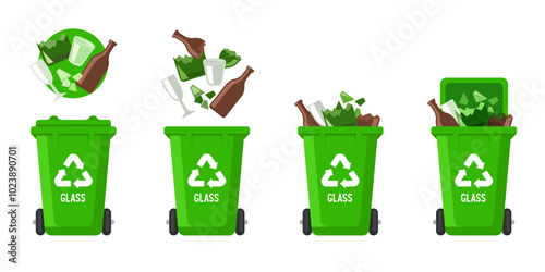 Recycling Bins for glass. Container for glass. Green trash can. Vector illustration isolated on white background.