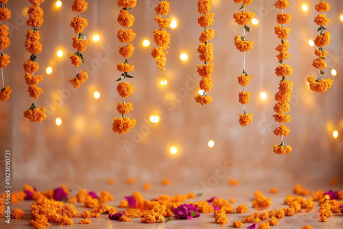 A setup of hanging marigold garlands used to decorate the celebration of an Indian festival ocassion