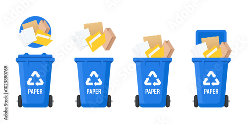 Recycling Bins for paper. Vector illustration isolated on white background.