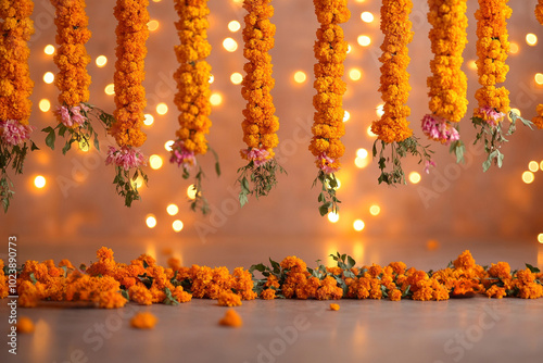 A setup of hanging marigold garlands used to decorate the celebration of an Indian festival ocassion