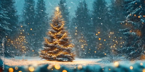 Magical Winter Wonderland: Snow-Covered Christmas Trees Illuminated by Twinkling Lights