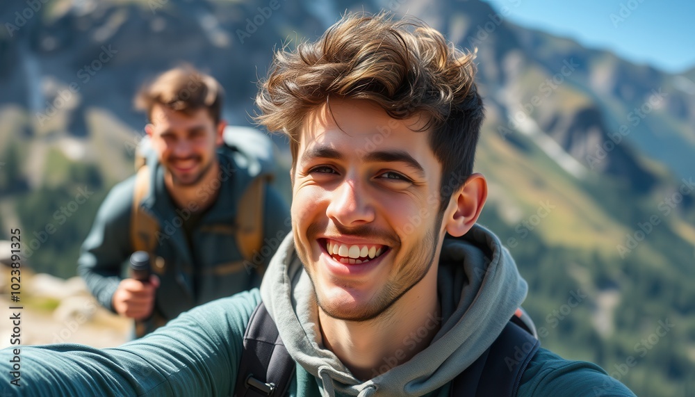 Two friends share a joyful moment while hiking in the mountains, with smiles and laughter highlighting their adventure in the beautiful outdoors Two friends share a joyful moment while hiking in the mountains, with smiles and laughter highlighting their adventure in the beautiful outdoors