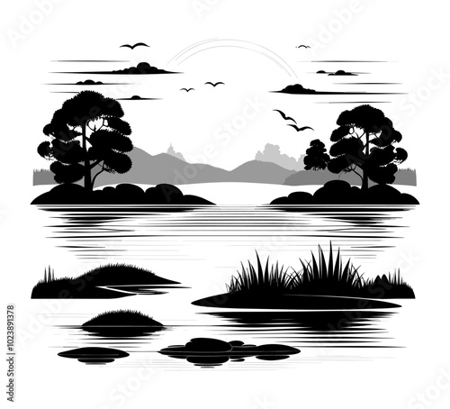 Serene lakeside landscape with trees and birds. Black and white vector illustration of a lake with trees, grass, and birds flying, isolated on a white background. Nature and peaceful scene concept. De
