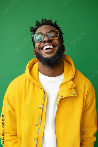 Cheerful young adult African American man, in trendy clothing, showing confidence and joy, against a bright green background, ideal for a social media avatar.