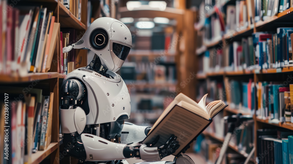 Robot is sitting in a library reading a book. The robot is white and has a human-like face. The robot is sitting on a chair and is holding a book in its hands Robot is sitting in a library reading a book. The robot is white and has a human-like face. The robot is sitting on a chair and is holding a book in its hands