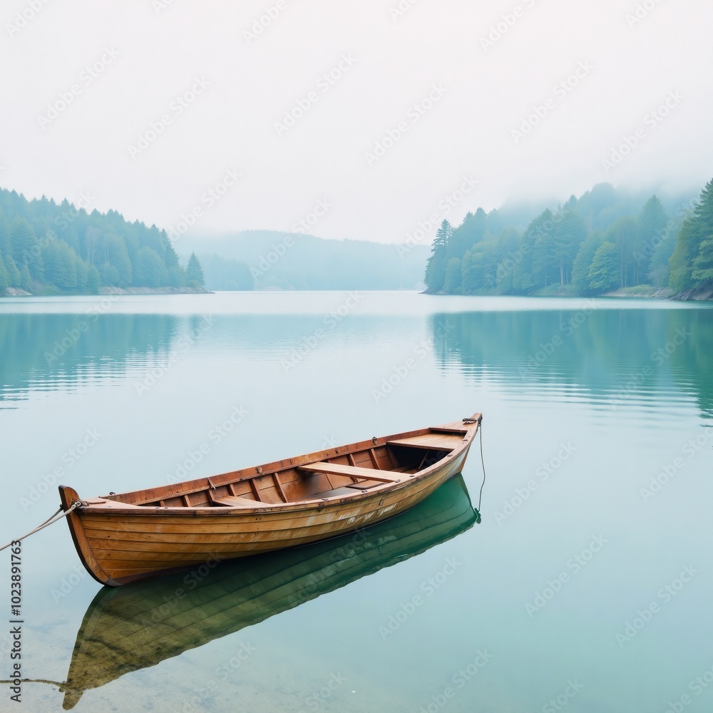 Watercolor scene Peaceful lakeside view with boat amidst foggy landscape Watercolor scene Peaceful lakeside view with boat amidst foggy landscape