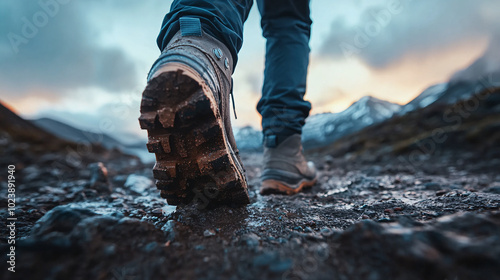 Close-up of hiking boots on rocky trail, outdoor adventure in mountain landscape, trekking concept 