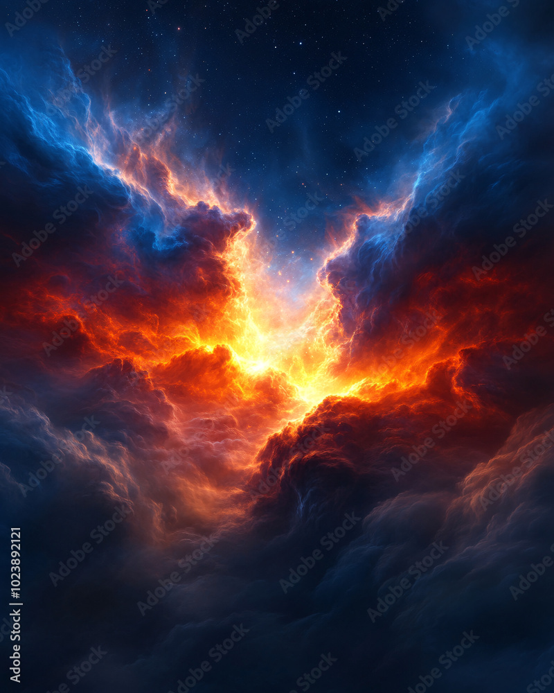 Dramatic fiery sky with clouds and lightning, intense stormy weather, atmospheric landscape
Dramatic fiery sky with clouds and lightning, intense stormy weather, atmospheric landscape