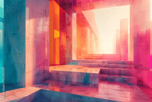 Wallpaper Mural Abstract Bauhaus architecture, minimalist fantasy, pinks, oranges, blues, low poly style, flat roofs, depth from fades and gradients Torontodigital.ca