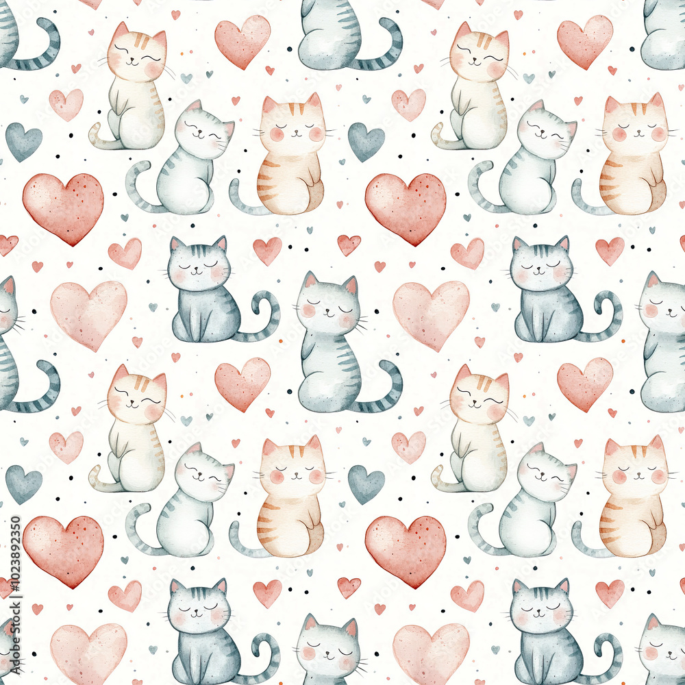 Φωτογραφία cute watercolor seamless pattern of adorable blue cat and pink heart on white ba
