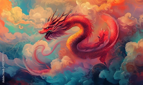 A vibrant red dragon weaves through light-patterned clouds in a colorful landscape, showcasing intricate design and elegance