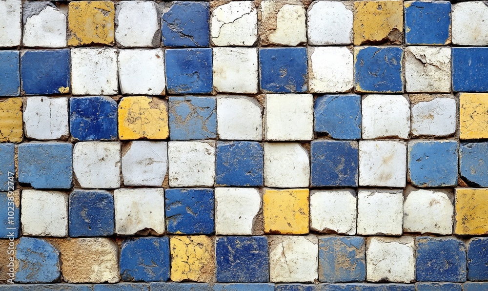 A wall made of blue, white and yellow bricks A wall made of blue, white and yellow bricks
