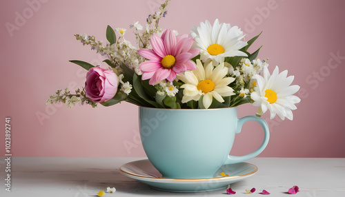 Wallpaper Mural A blue cup filled with flowers placed on a table. Torontodigital.ca