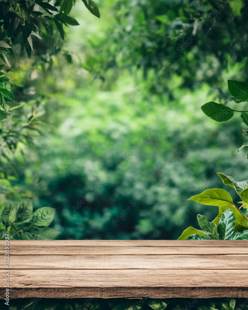 Wooden Tabletop with Blurred Green Background Wooden Tabletop with Blurred Green Background