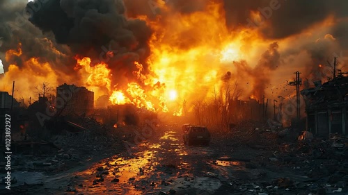 Intense Fiery Explosion in Post-Apocalyptic Urban Landscape