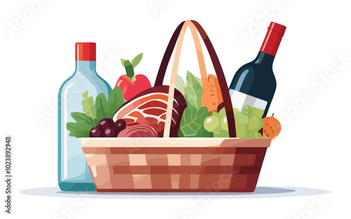 Basket filled with meat, wine, vegetables, and fruits. Colorful flat vector illustration of food items on a white background. Picnic and gourmet concept. Design for greeting cards, posters, and banner