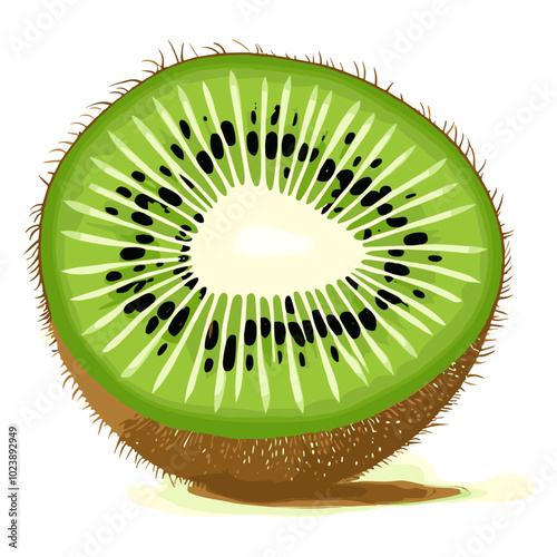 Close-up illustration of a sliced kiwi fruit with seeds. Digital vector artwork isolated on white background. Design for poster, print, banner, greeting card, invitation, and wallpaper.