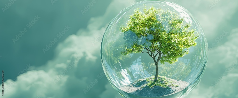 A Small Tree Encapsulated in a Transparent Sphere Against a Cloudy Sky A Small Tree Encapsulated in a Transparent Sphere Against a Cloudy Sky