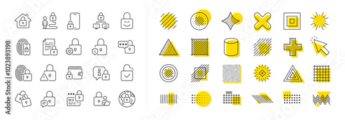 Fingerprint protection, Unlock code and Credit card password icons. Design shape elements. Locks line icons. Open padlock, Locked document and Network lock. Vector