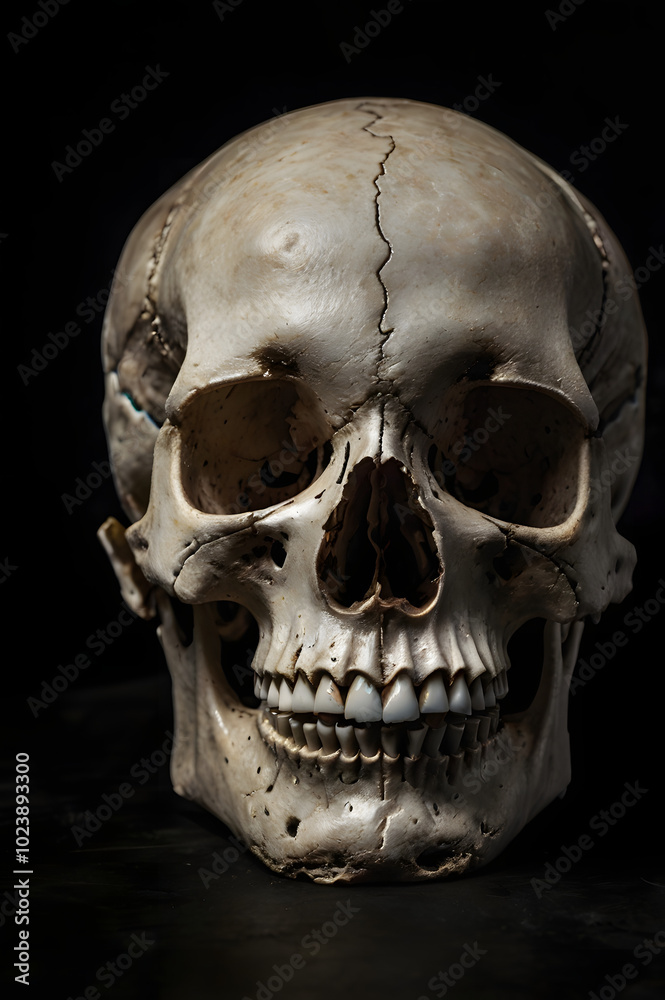 A solitary skull set against a dark background, capturing a sense of mystery and intrigue with its stark, haunting simplicity A solitary skull set against a dark background, capturing a sense of mystery and intrigue with its stark, haunting simplicity