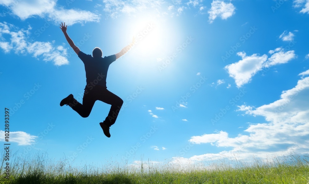 A man is jumping in the air with his arms raised, while the sky is blue A man is jumping in the air with his arms raised, while the sky is blue
