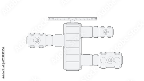 Reciprocating compressor drawing showing a three (3) throw balanced opposed high-speed API-11P design with a flywheel
