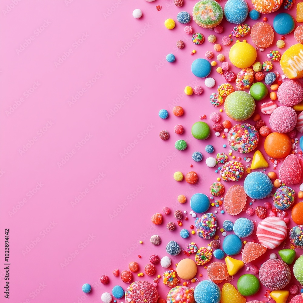 A vibrant overhead panoramic view of an assortment of festive sweets and candies, creating a lively confectionery background. Plenty of room for text to the right. A vibrant overhead panoramic view of an assortment of festive sweets and candies, creating a lively confectionery background. Plenty of room for text to the right.
