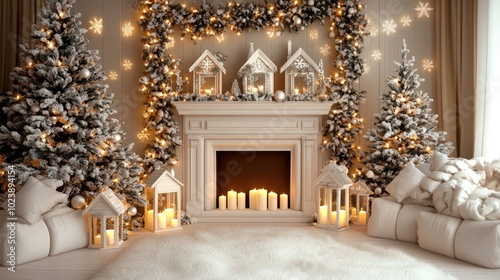 White wooden houses and Christmas trees adorn the fireplace, illuminated by warm candle lights. Green pine boughs enhance the festive atmosphere, creating a cozy holiday setting
