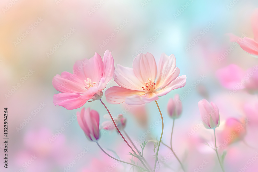 Soft Pastel Pink Cosmos Flowers in Bloom with a Dreamy Background for Floral Designs Soft Pastel Pink Cosmos Flowers in Bloom with a Dreamy Background for Floral Designs