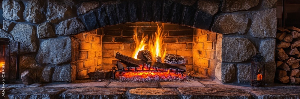 A traditional stone fireplace with a roaring fire. The stonework and warm glow are emphasized against a plain backdrop, focusing on the natural textures and the lively flames