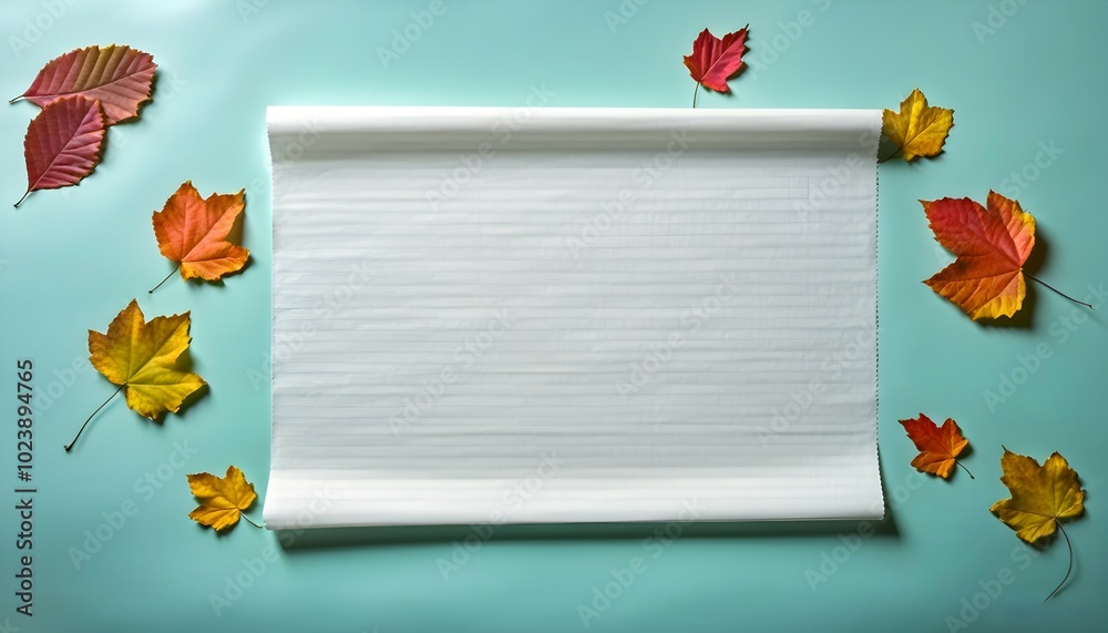Fototapeta premium crisp white paper adorned with fall leaves on a turquoise backdrop