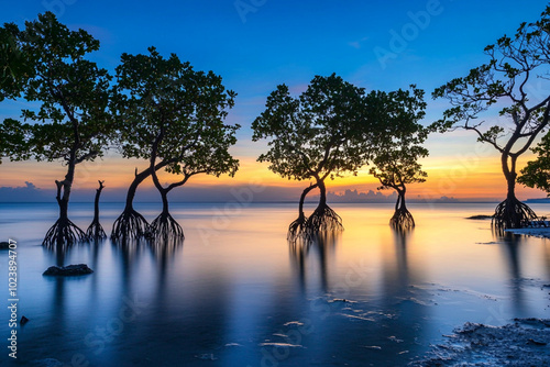 walakiri beach on sumba island with dancing mangrove silhouetted trees in the shallow water at sunset photo