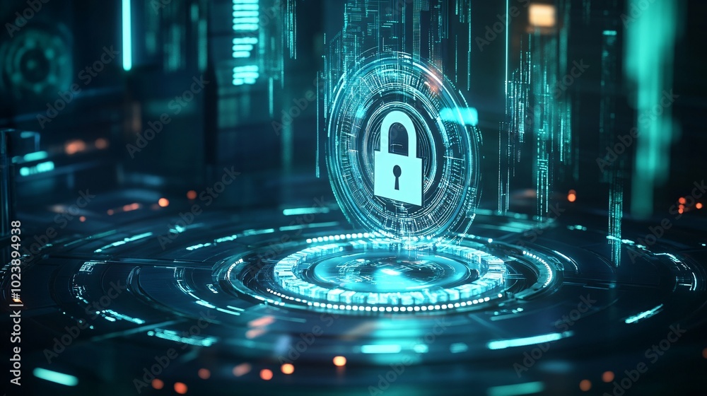 Fototapeta premium Futuristic Digital Security Concept with Glowing Padlock and Data Flow