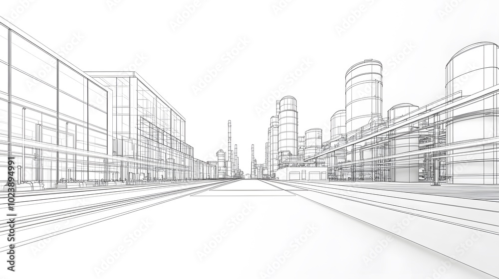 Black and white line drawing of an industrial park, front view, with large buildings on both sides, numerous gas tanks behind them, on a white background Black and white line drawing of an industrial park, front view, with large buildings on both sides, numerous gas tanks behind them, on a white background
