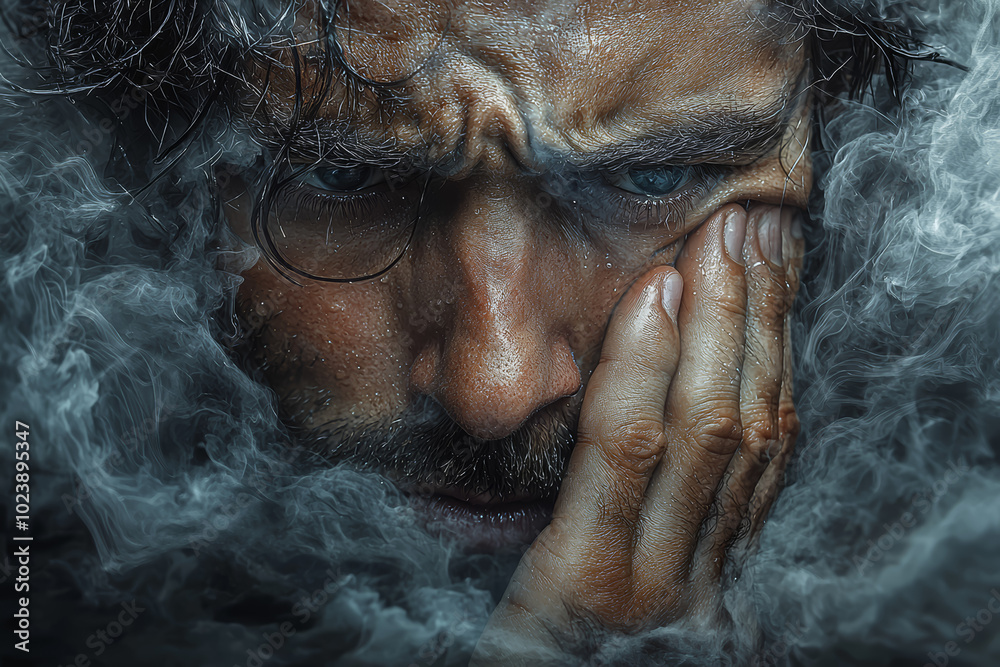 A man clutching his head, haunted by traumatic memories, struggling with PTSD. Concept of trauma. A man clutching his head, haunted by traumatic memories, struggling with PTSD. Concept of trauma.