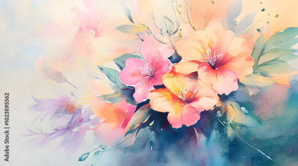 Obraz premium Soft Pastel Floral Arrangement with Hibiscus and Watercolor Background for Elegant Designs