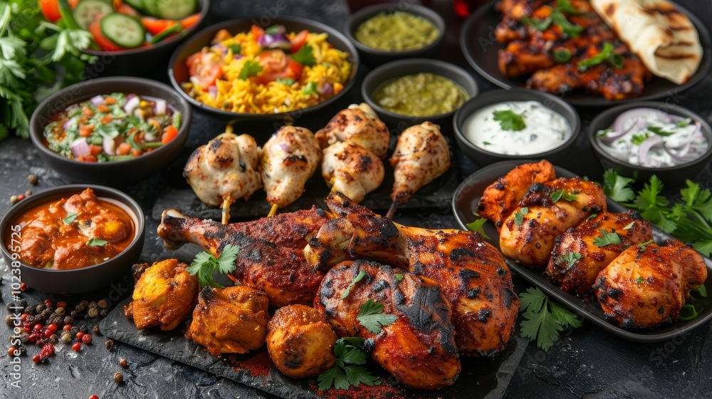An appetizing Indian meal with chicken tikka masala, tandoori chicken, and appetizers on dark concrete background An appetizing Indian meal with chicken tikka masala, tandoori chicken, and appetizers on dark concrete background